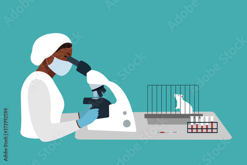 laboratory research vaccine. Professional lab worker black woman in uniform looks through a microscope, a white mouse in a cage and test tubes are on the table. vector illustration on blue background