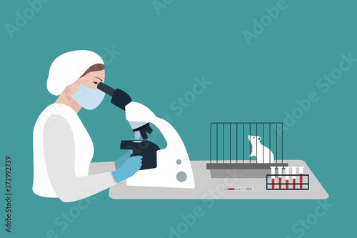 laboratory research vaccine. Professional lab worker woman in uniform looks through a microscope, a white mouse in a cage and test tubes are on the table. vector illustration on blue background