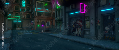 Neon urban future. Street with neon lights in a cyberpunk city. Photorealistic 3d illustration of the futuristic city. Grunge urban cityscape. Evening scene.