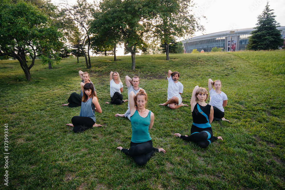 Obraz premium A group of people do yoga in the Park at sunset. Healthy lifestyle, meditation and Wellness