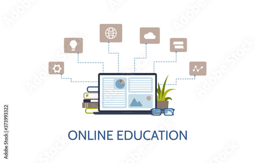 E-learning and online education banner concept, distance learning. Vector illustration