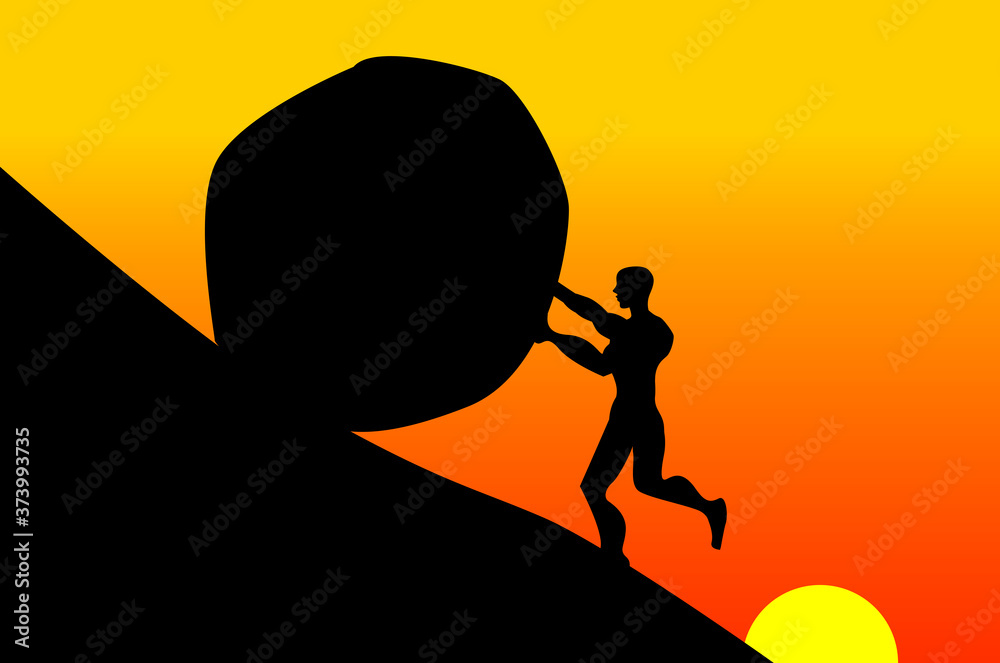 Ilustração representando a silhueta do personagem Sísifo ou SiSyphus da Mitologia grega durante um pôr do sol.