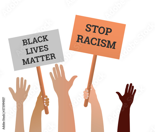 Stop Racism text. Hands holding empty poster. Hashtag in social networks. Police violence. Stock vector illustration poster against racism.