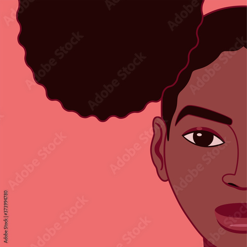 Graphic resource with close up portrait of young beautiful black woman with big bun isolated on pink background