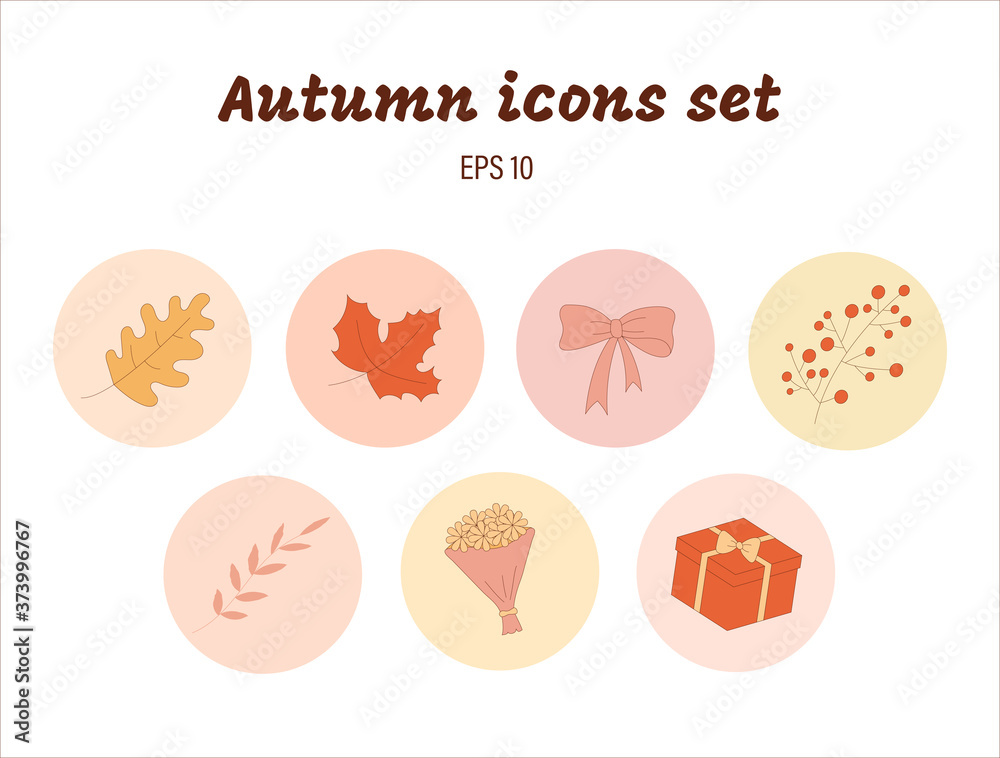 Autumn icons set with oak leaf, maple leaf, row with ribbon, ash berry, sorb, brunch, palm tree, flower bouquet, daisy flowers, gift box, present isolated vector illustration. Flat design.App logo set Autumn icons set with oak leaf, maple leaf, row with ribbon, ash berry, sorb, brunch, palm tree, flower bouquet, daisy flowers, gift box, present isolated vector illustration. Flat design.App logo set