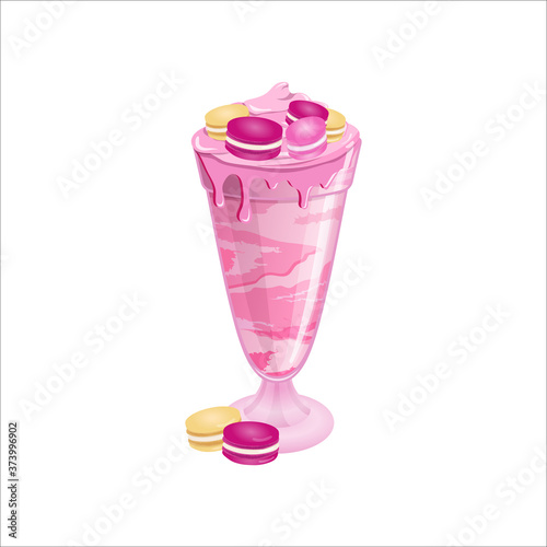 Giant milkshake with macaroons in the decorative glass. Freakshake dessert with berries. Strawberry drops on the glass with dessert. Cherry, cranberry, raspberry ice cream with whipped cream. Vector