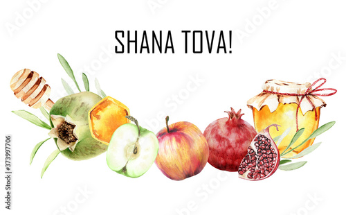 Jewish holiday Rosh Hashana greeting design with honey, pomegranate and apples. Jewish New year celebration. Watercolor honey jar and fruits. Shana tova greeting card template.  photo