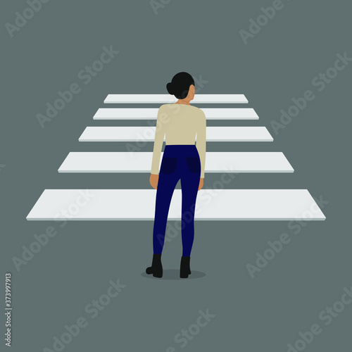 Female character stands in front of a pedestrian crossing