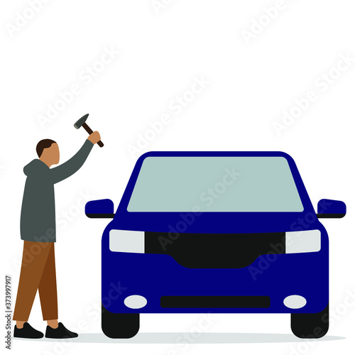 Male character is swinging a hammer at a car