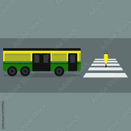 Female character walking on a pedestrian crossing in front of a bus