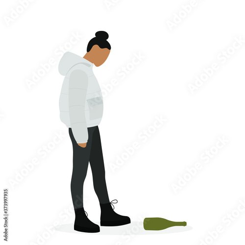 Female character in a jacket looks at a bottle lying on the floor