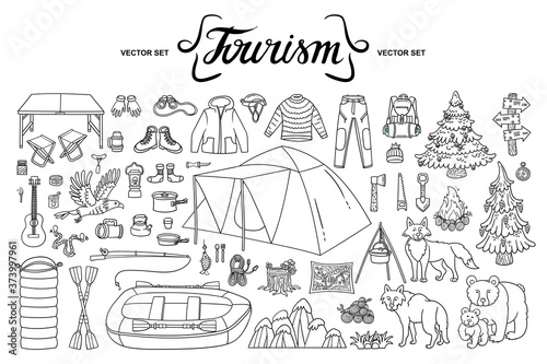 Vector set on the theme of tourism and travel. Colorful doodles of camping equipment, clothing, dishes, wild animals, nature. Isolated cartoon elements on white background