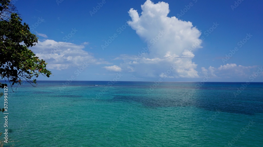 Fototapeta premium sea, beach, ocean, water, sky, tropical, island, blue, sand, nature, landscape, summer, paradise, travel, horizon, clouds, cloud, vacation, turquoise, coast, holiday, relax, beautiful, wave, caribbean