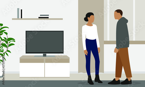 Female character and male character are standing in the living room