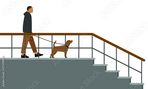 Male character with a dog on a leash goes the stairwell
