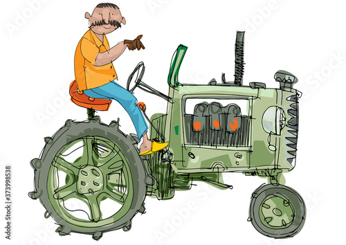 A vintage tractor is driven with mustached indian farmer. Caricature. Hand made sketch.