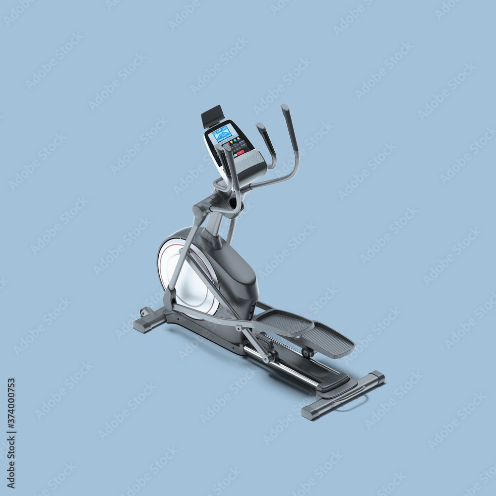 Elliptic Trainer Machine On Light Blue Background. Exercycle. Sport, Fitness, Healthy Lifestyle and Bodybuilding. Minimalism Concept. 3d Rendering Elliptic Trainer Machine On Light Blue Background. Exercycle. Sport, Fitness, Healthy Lifestyle and Bodybuilding. Minimalism Concept. 3d Rendering