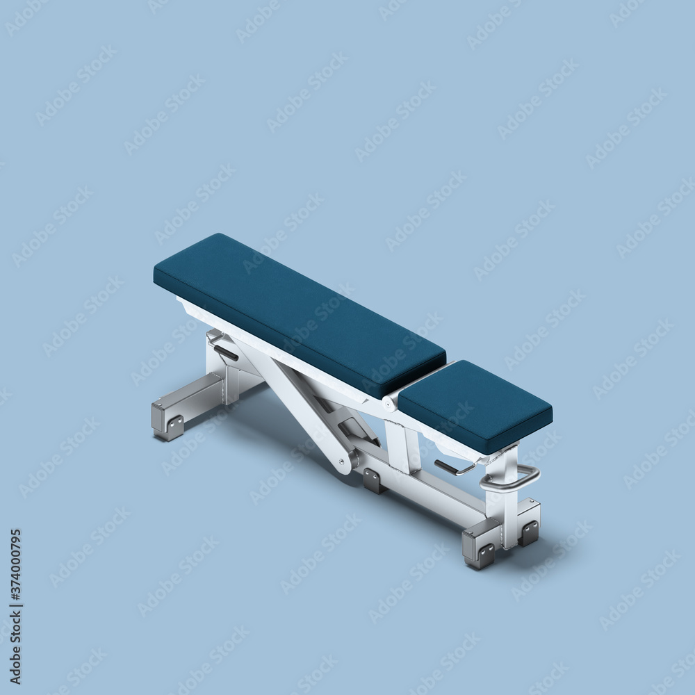White And Blue Gym Bench On Blue Background. Sport, Fitness, Healthy Lifestyle and Bodybuilding. Minimalism Concept. 3d Rendering White And Blue Gym Bench On Blue Background. Sport, Fitness, Healthy Lifestyle and Bodybuilding. Minimalism Concept. 3d Rendering