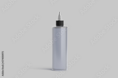 Blank Transparent Hair Color Applicator Bottle With Liquid Violet Content. Dye Bottle Applicator on Light Background. Template, Mock Up. 3d rendering