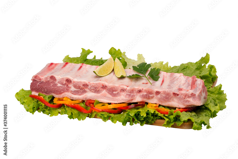 raw pork rib on cutting board on white background