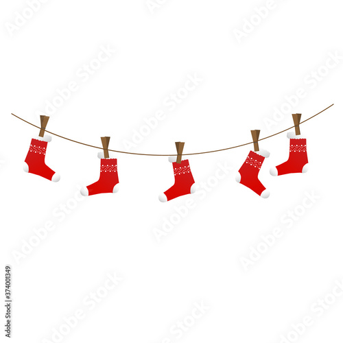 New Year, Christmas, winter element, red socks on clothesline with clothespin illustration