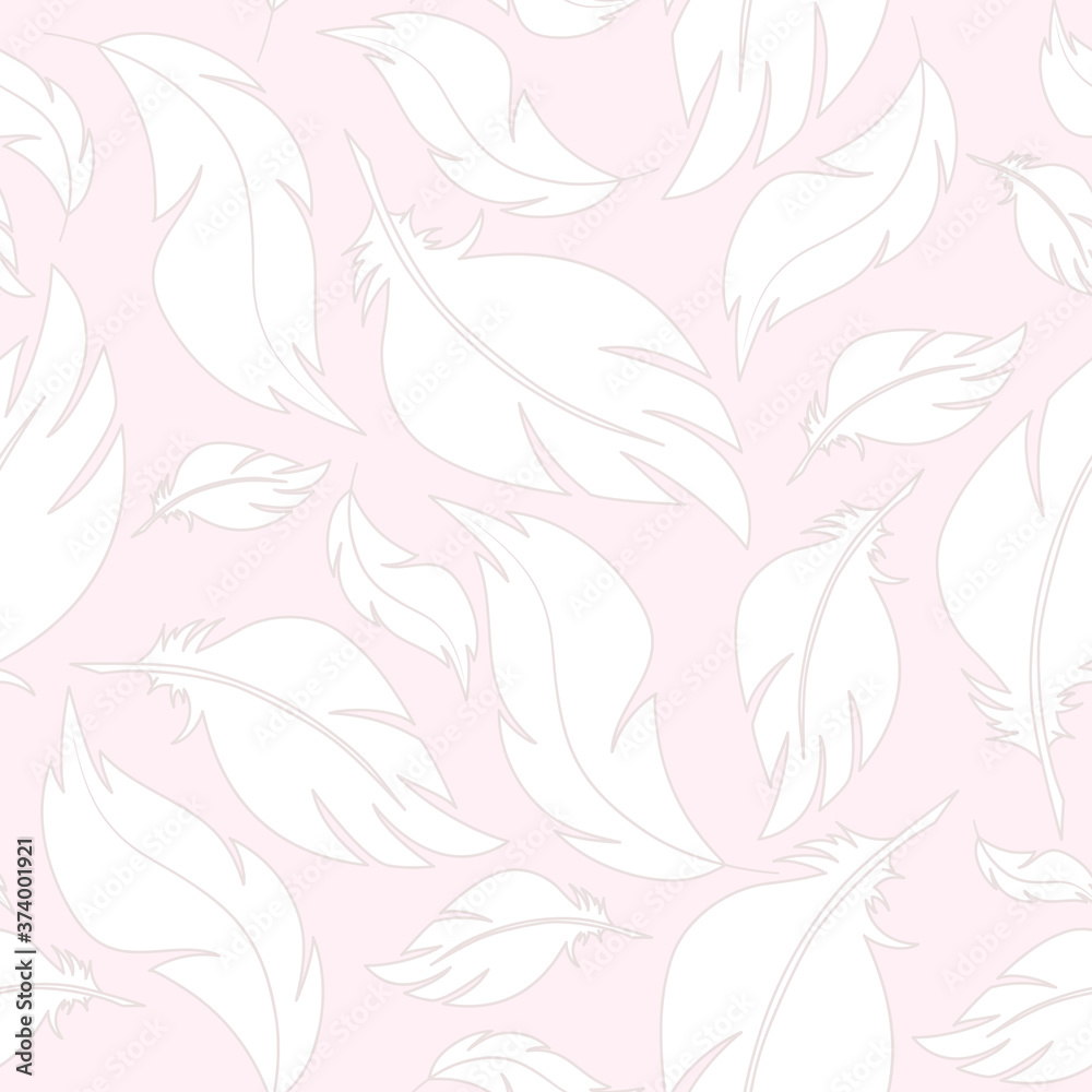 Vector seamless pattern, white feathers on a delicate pink background. Vector seamless pattern, white feathers on a delicate pink background.