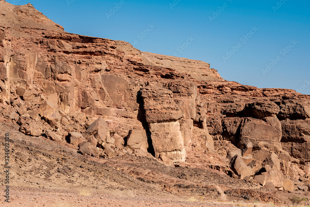 View of the Solomon Pillars Mountains in Timna National Park, Arava Valley. Israel. 