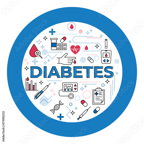 Diabetes mellitus word concept surrounded with line icons. Typography lettering design with outline signs for diabetes treatment, prevention and awareness. Landing page, banner for presentation or web