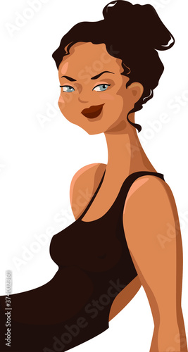 An alluring lady is sitting half in front of us with a foxy expression. The pose is relaxed and graceful. Vector illustration with blank background.