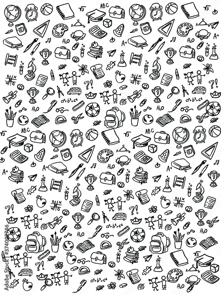 Set of Hand draw Literacy day Doodle backgrounds. Objects around Education.