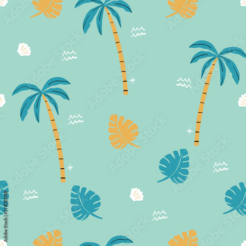 seamless aqua gold and green palm trees pattern. repeating vector beach and surfing pattern with surf boards.