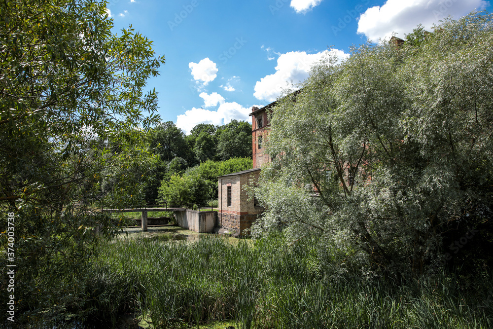 Obraz premium An old watermill on the river in summer.