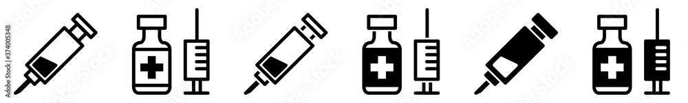 Syringe Injection Icon Black | Syringes Illustration | Needle Bottle Symbol | Medicine Ampoule Logo | Inject Sign | Isolated | Variations