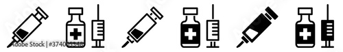 Syringe Injection Icon Black | Syringes Illustration | Needle Bottle Symbol | Medicine Ampoule Logo | Inject Sign | Isolated | Variations