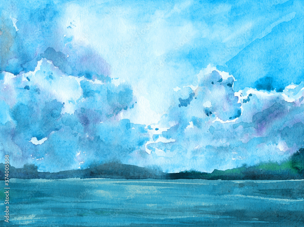 Landscape sky sea lake forest clouds light watercolor painting blue good weather summer autumn