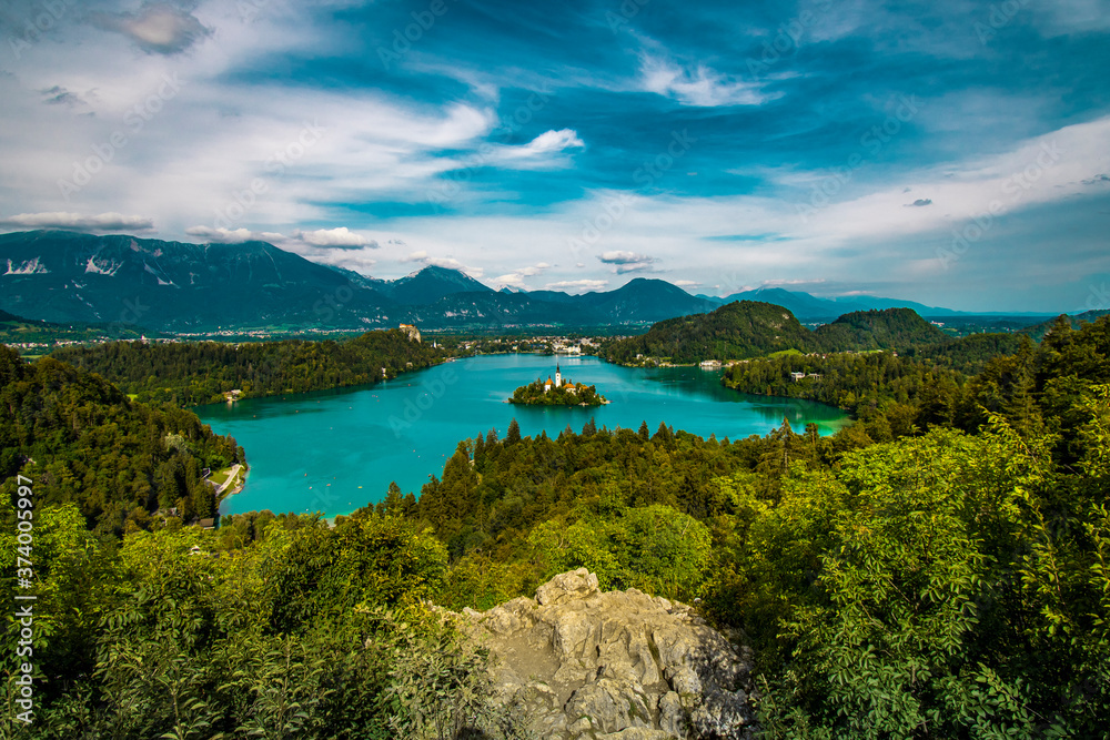 Panoramic view of Lake Bled, Gorenjska region, Slovenia
