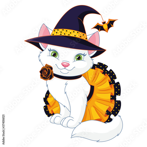 Halloween cat witch. Cat dressed in halloween costume cartoon vector illustration