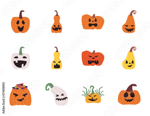 pumpkins cartoons free form style set icons vector design