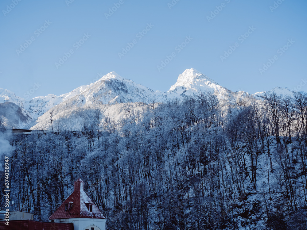 Snowy forest against a background of snow-capped mountain peaks and a clear sky and with a house roof in the foreground