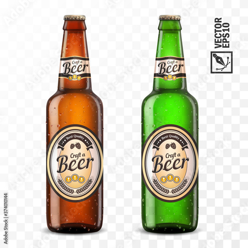 3d realistic transparent beer green and brown color bottles with label