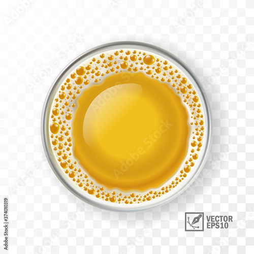 3d realistic glass of beer with foam, top view