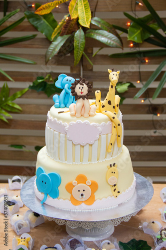 Birthday cake or child birthday with children's zoo decoration.