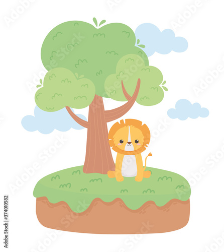Fototapeta Naklejka Na Ścianę i Meble -  cute little lion tree grass cartoon animals in a natural landscape