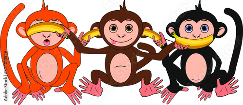 The three wise monkeys with bananas, see no evil, hear no evil, speak no evil. Cute cartoon vector illustration.