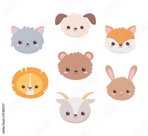 cute dog goat bear rabbit lion fox and cat heads cartoon animals
