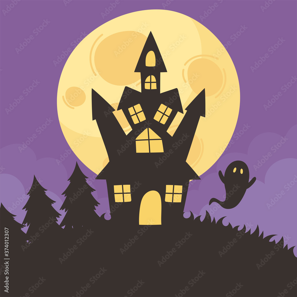 happy halloween, castle ghost moon night forest trick or treat party celebration