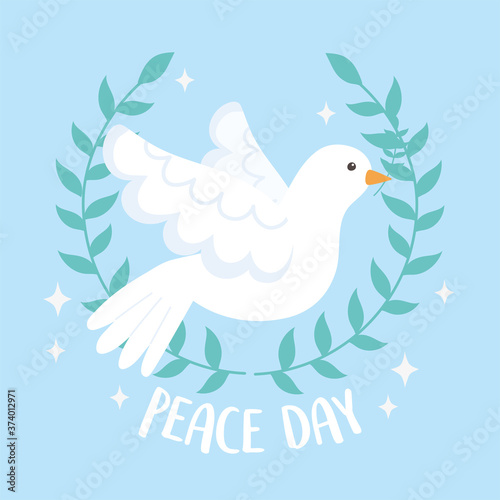 international peace day wreath branch olive and flying dove
