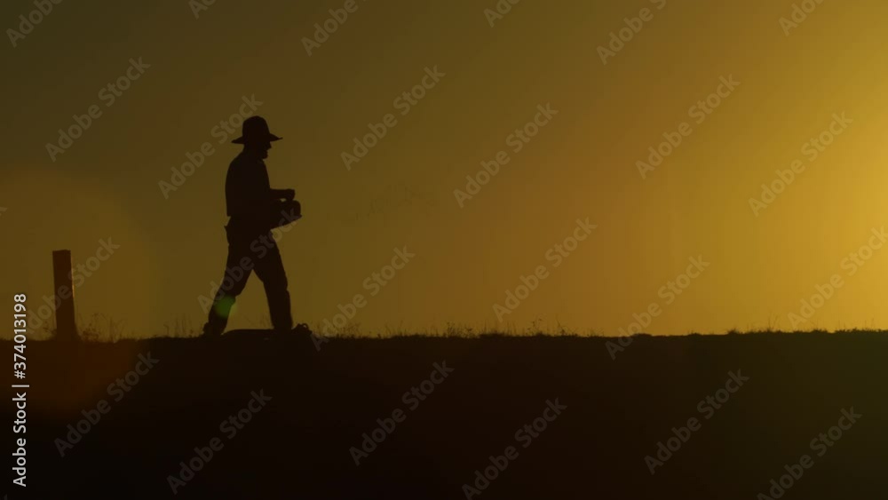 Silhouette of a farmer sowing the seeds at sunset Silhouette of a farmer sowing the seeds at sunset