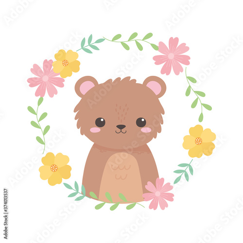 little cute bear wreath flowers foliage cartoon animal