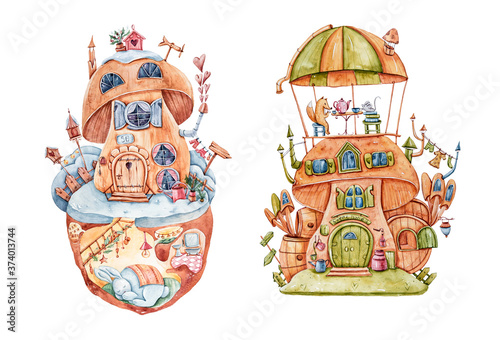 Watercolor fantasy fairy tale house  cartoon magic housing village for gnome or elf isolated on white background. Cute magical treehouse with doors  windows  furniture in a wonderful forest
